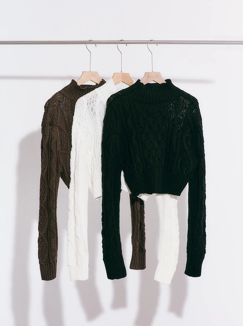 麻花高領短版針織毛衣