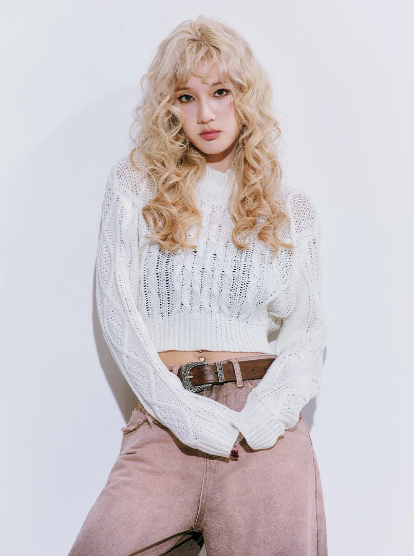 麻花高領短版針織毛衣