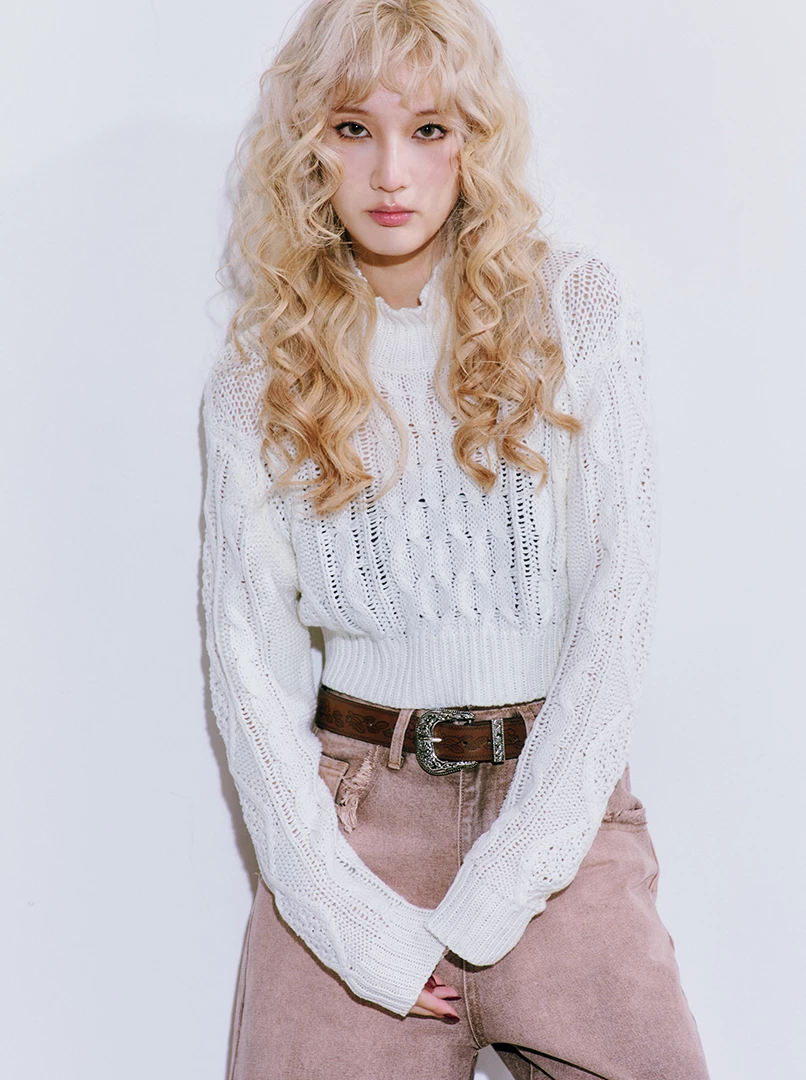 麻花高領短版針織毛衣