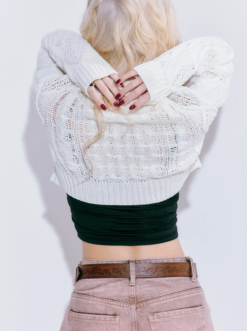 麻花高領短版針織毛衣