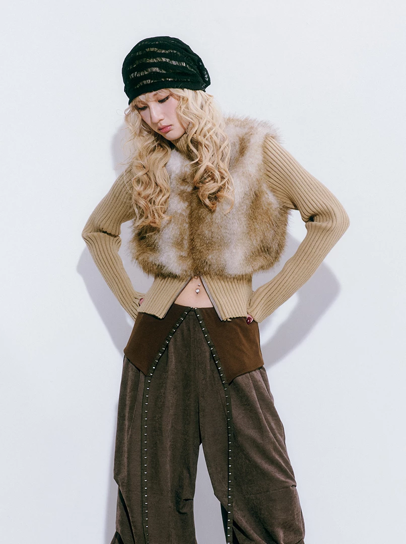 坑條毛毛背心長袖上衣