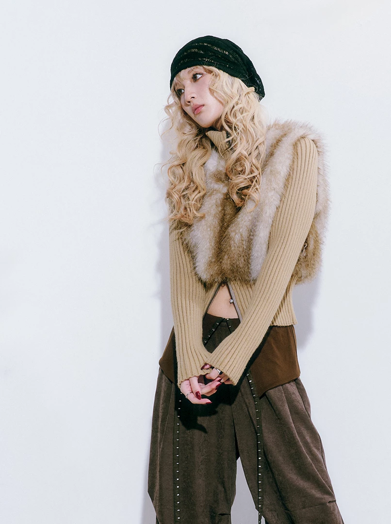 坑條毛毛背心長袖上衣