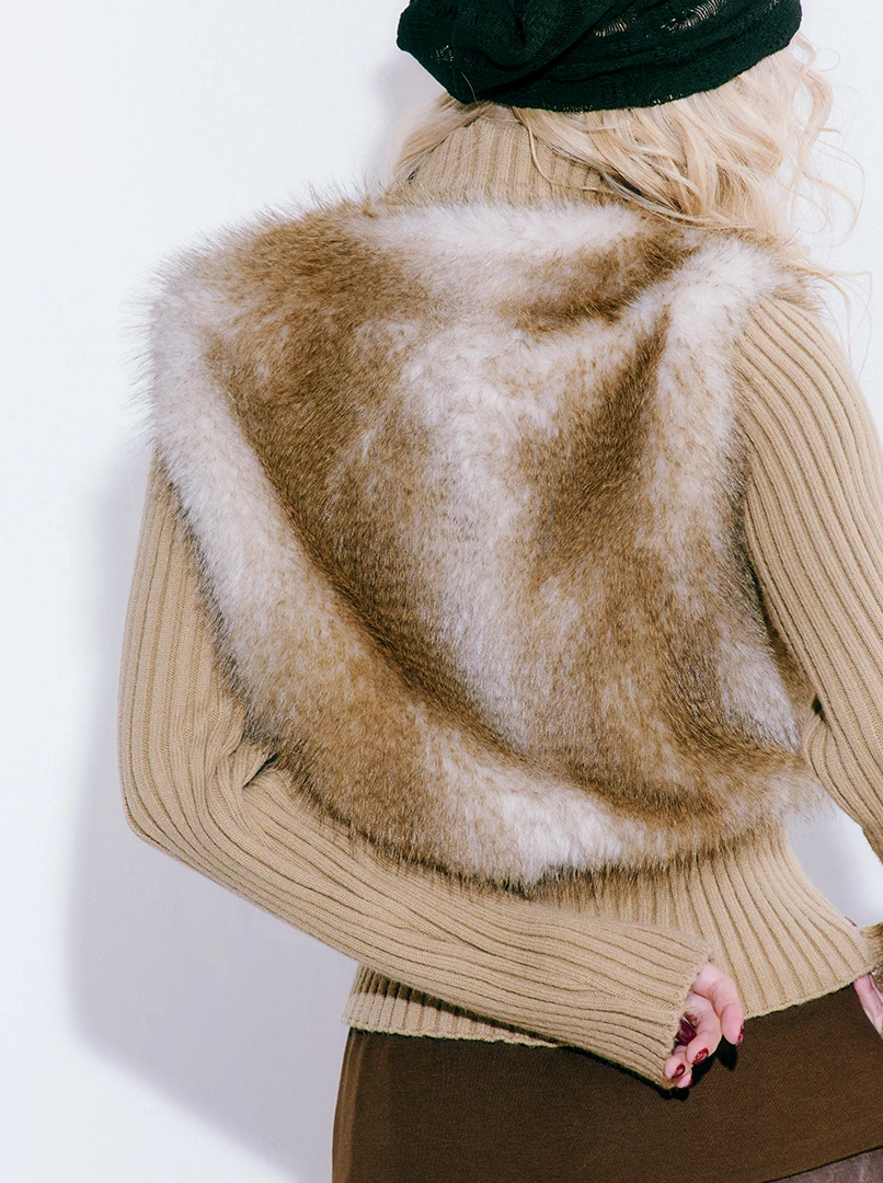 坑條毛毛背心長袖上衣