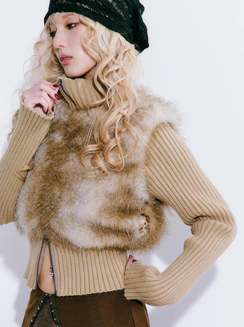 坑條毛毛背心長袖上衣