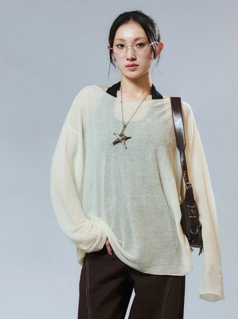 微斜肩透膚長袖上衣