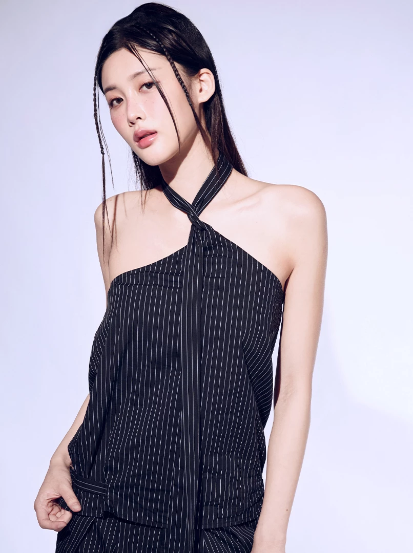 領帶掛脖無袖條紋上衣