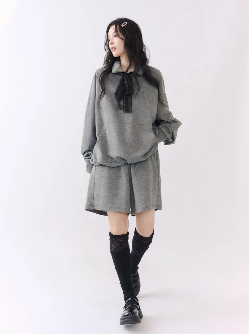 立領半拉鍊純色休閒套裝