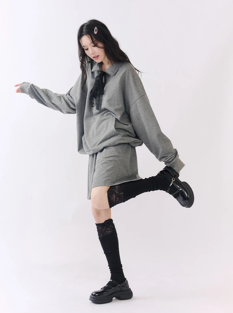 立領半拉鍊純色休閒套裝