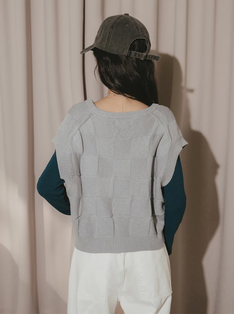 立體格子針織背心