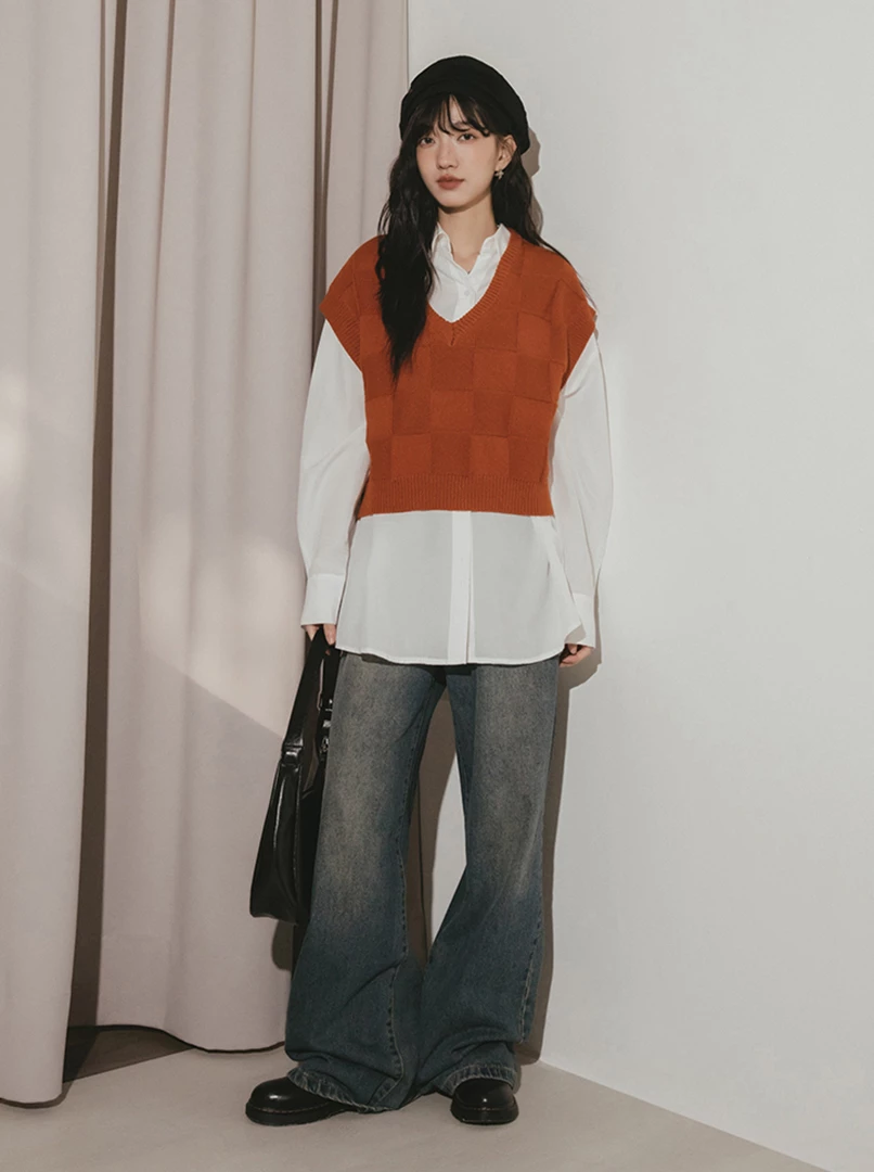 立體格子針織背心