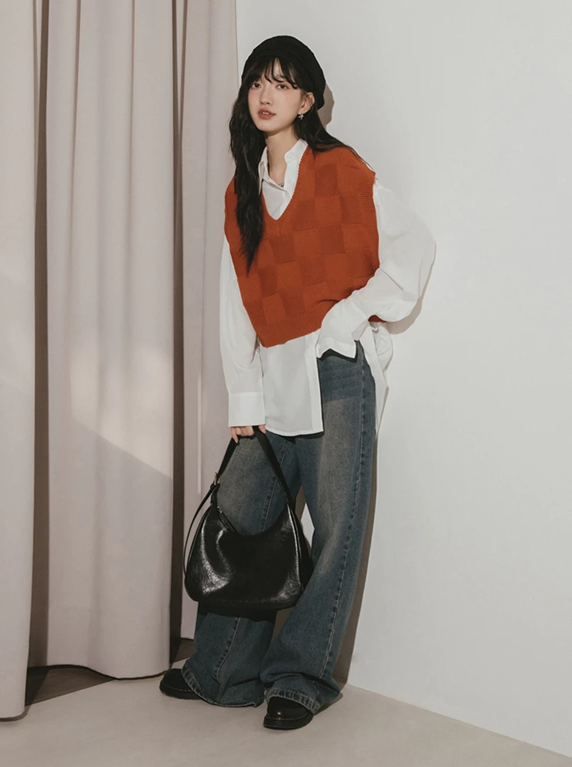 立體格子針織背心