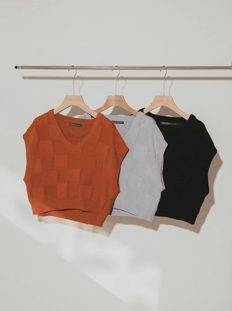 立體格子針織背心