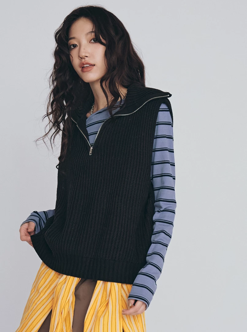 半拉鍊翻領無袖針織背心