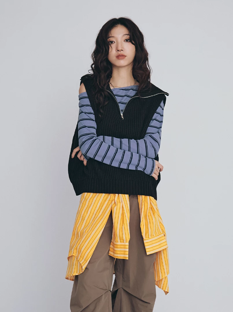 半拉鍊翻領無袖針織背心