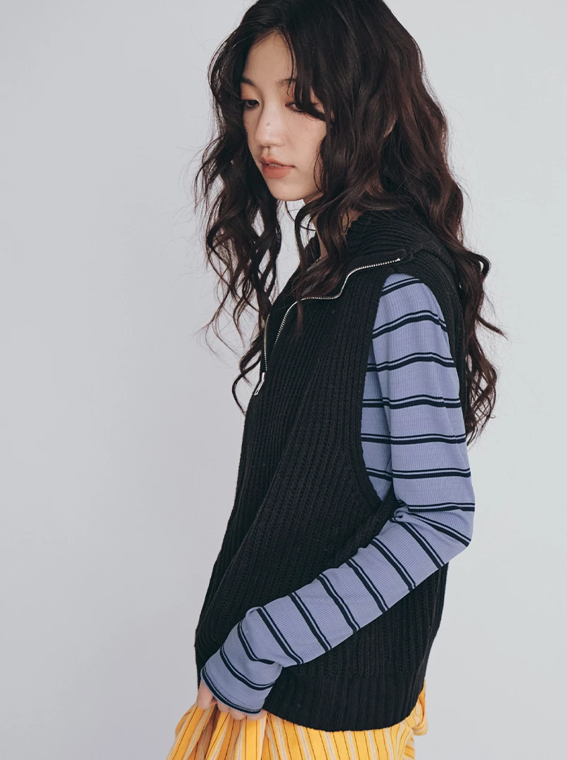 半拉鍊翻領無袖針織背心