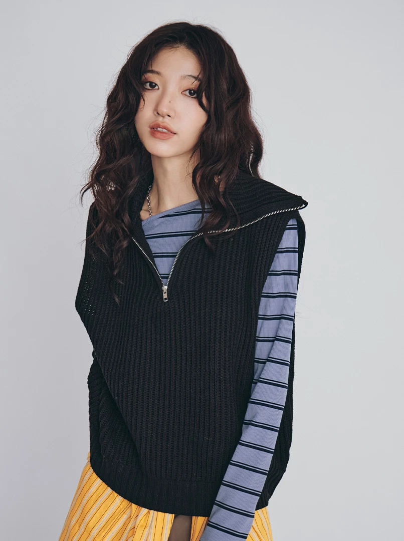 半拉鍊翻領無袖針織背心