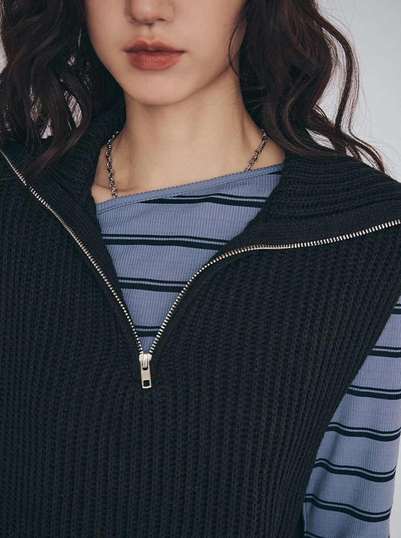 半拉鍊翻領無袖針織背心