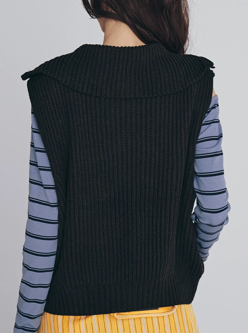 半拉鍊翻領無袖針織背心