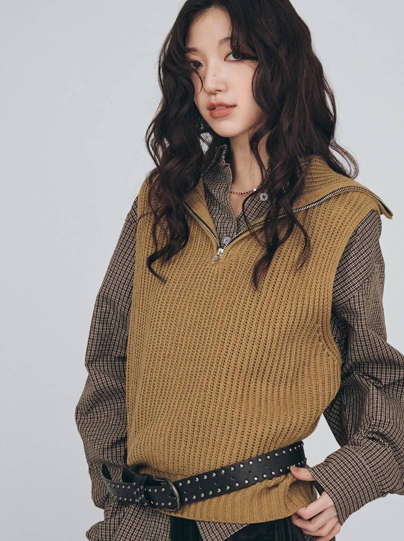 半拉鍊翻領無袖針織背心