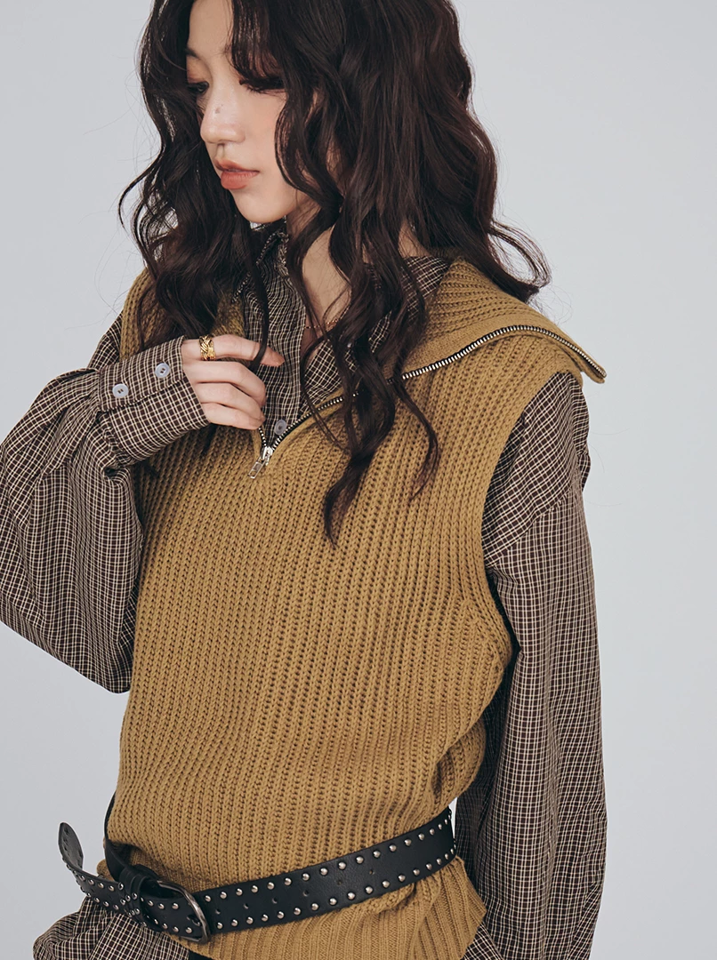 半拉鍊翻領無袖針織背心