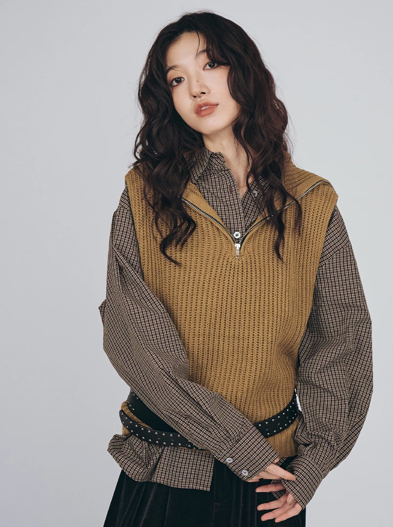 半拉鍊翻領無袖針織背心