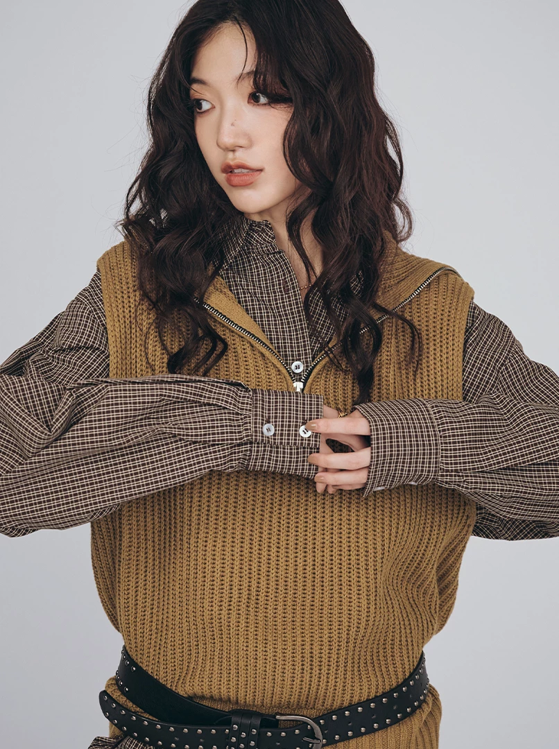 半拉鍊翻領無袖針織背心