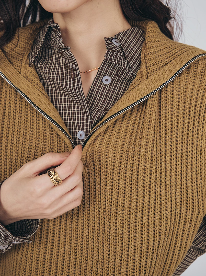 半拉鍊翻領無袖針織背心