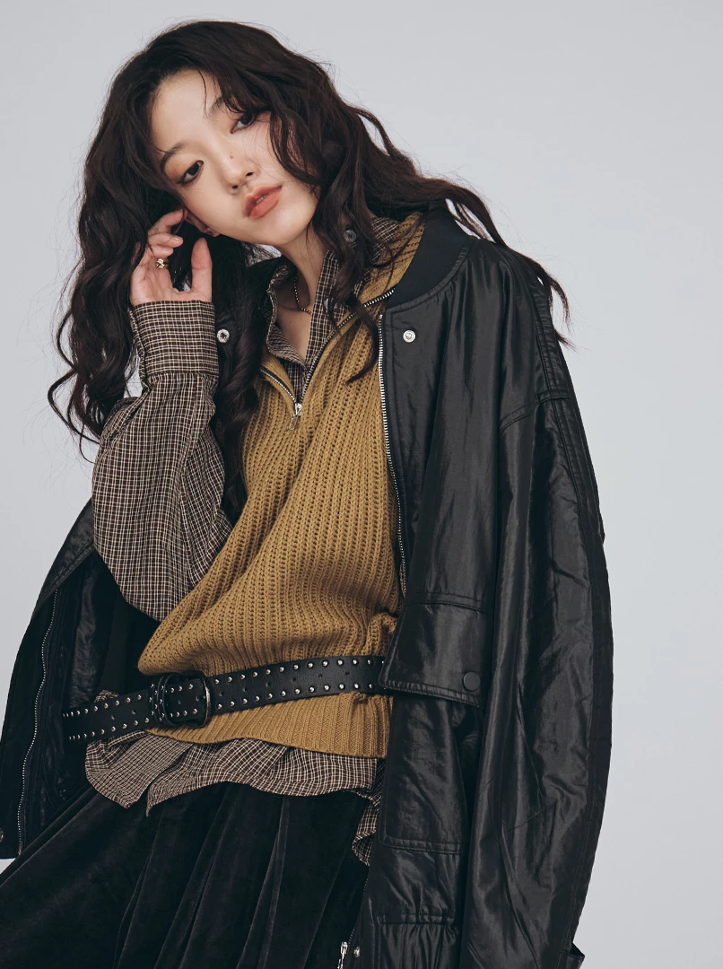 半拉鍊翻領無袖針織背心