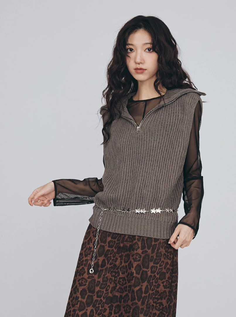 半拉鍊翻領無袖針織背心