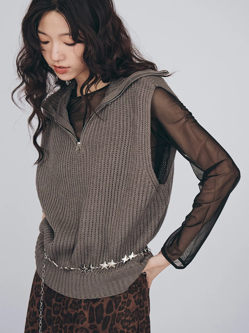 半拉鍊翻領無袖針織背心