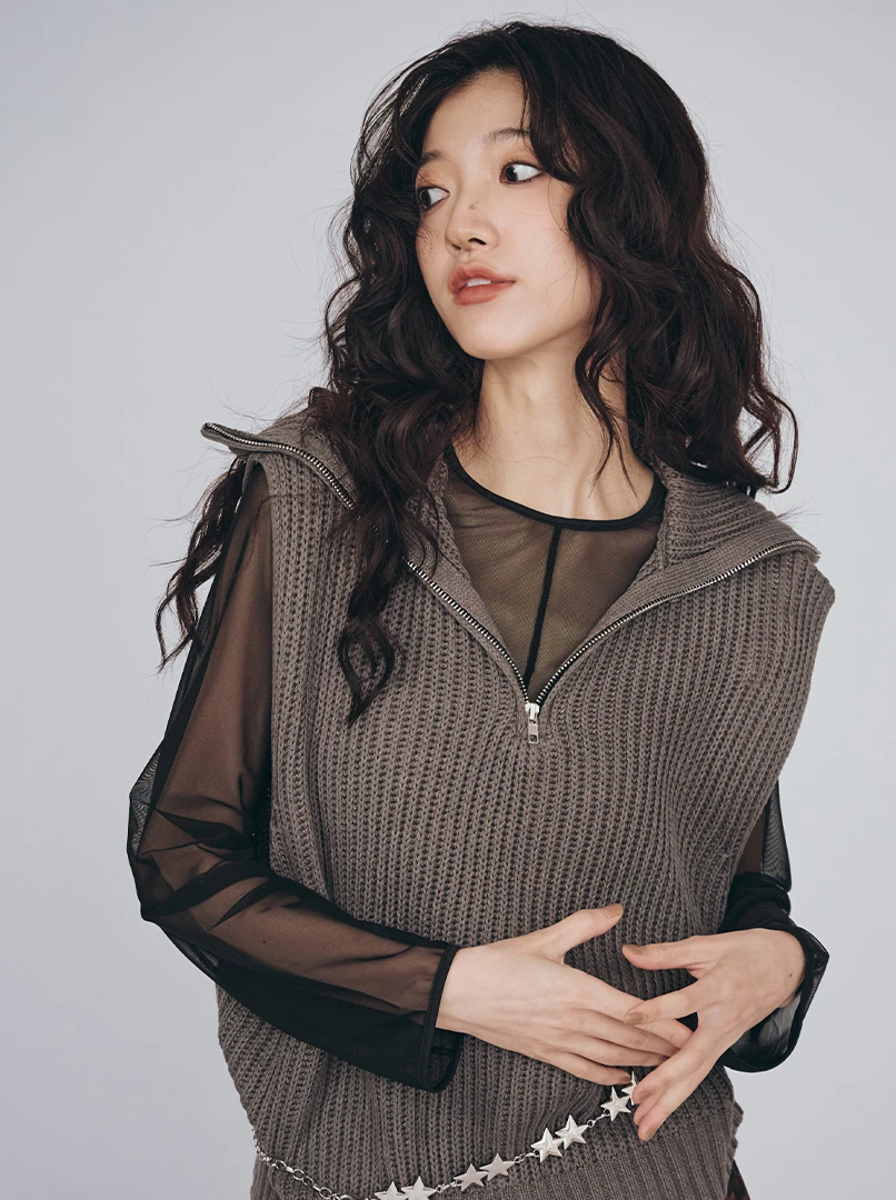 半拉鍊翻領無袖針織背心