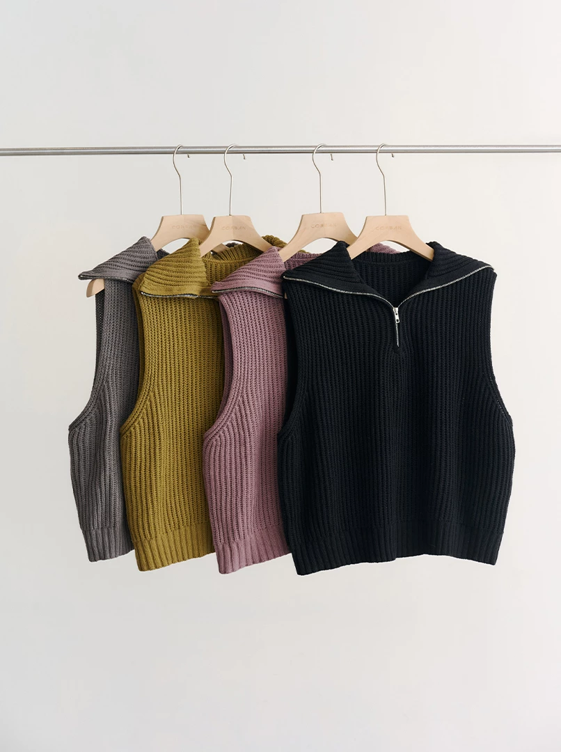 半拉鍊翻領無袖針織背心