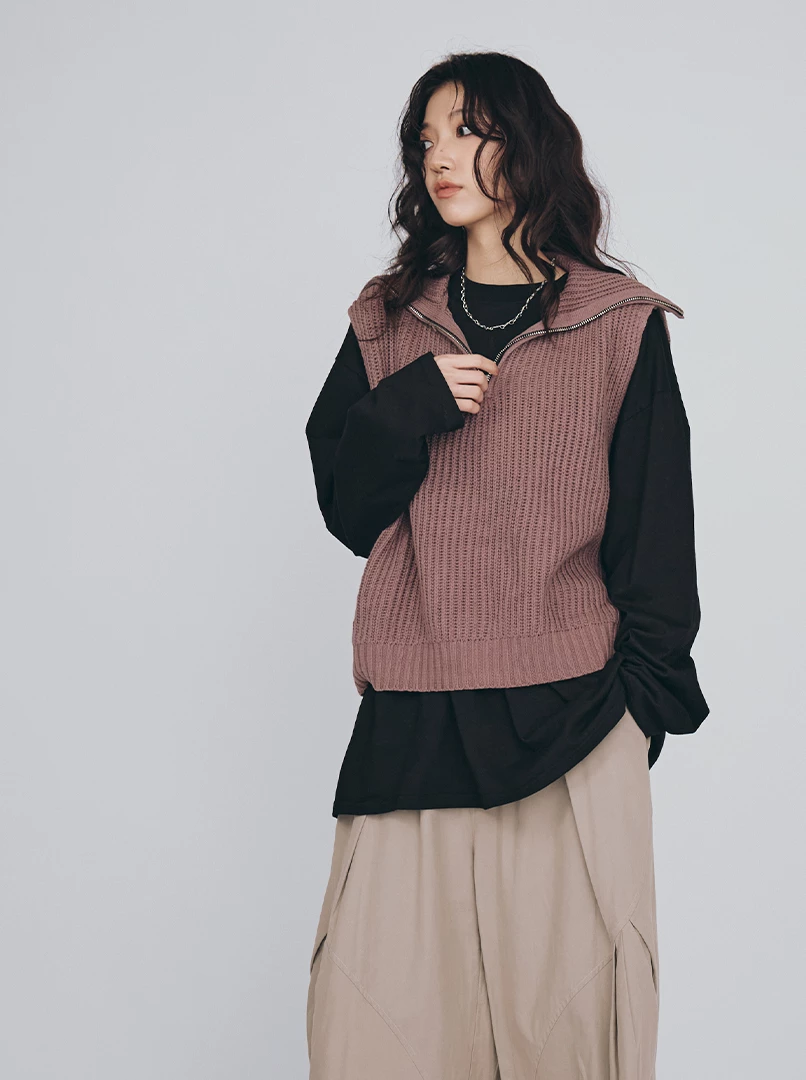 半拉鍊翻領無袖針織背心