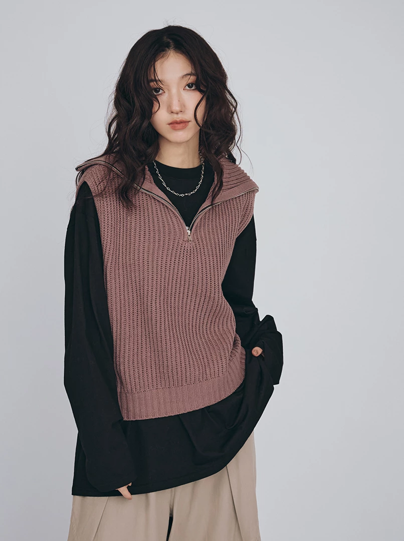 半拉鍊翻領無袖針織背心