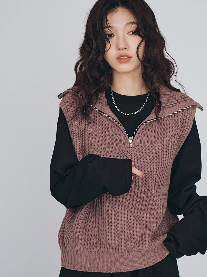 半拉鍊翻領無袖針織背心