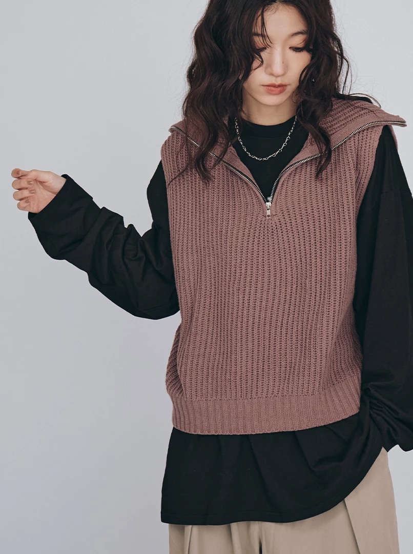 半拉鍊翻領無袖針織背心