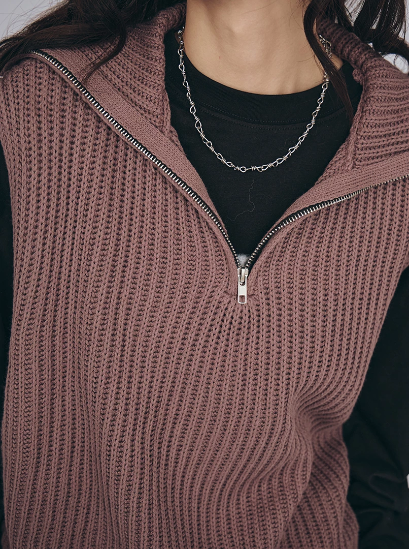 半拉鍊翻領無袖針織背心