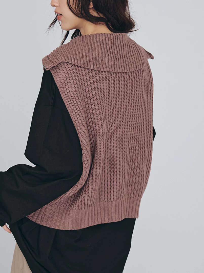 半拉鍊翻領無袖針織背心