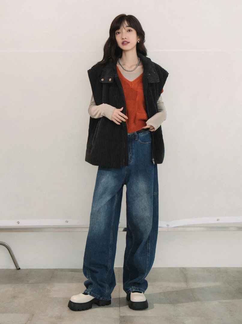 立領燈芯絨鋪棉背心