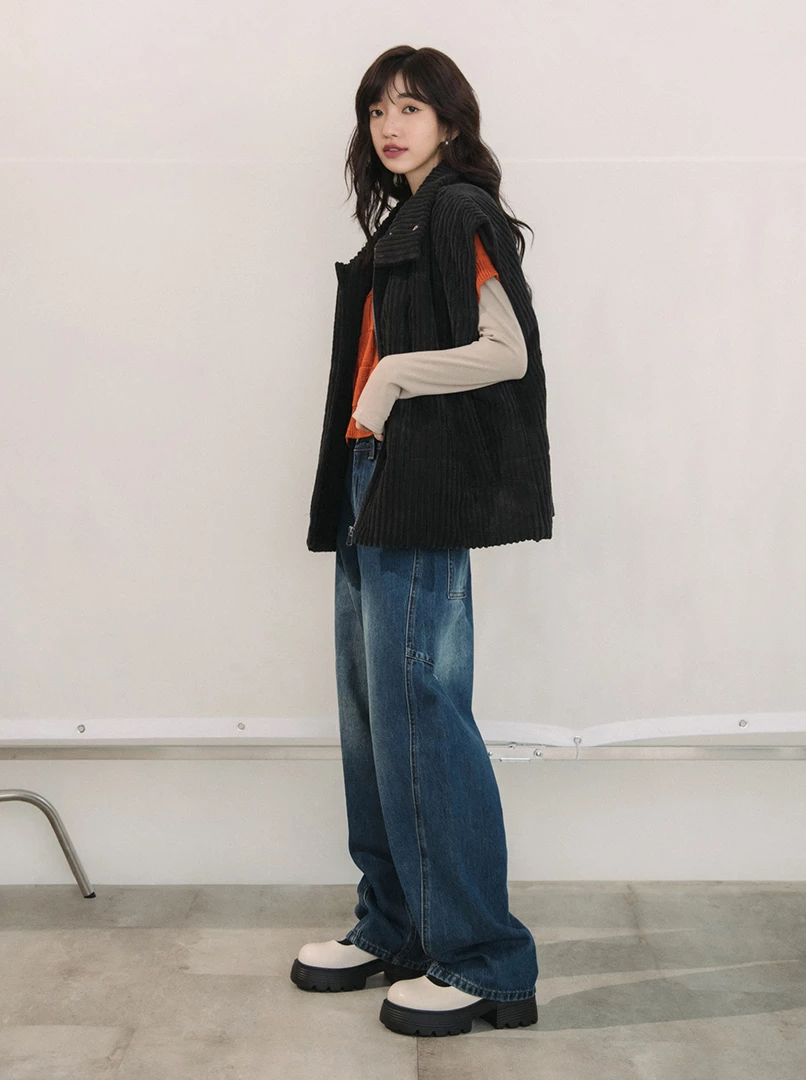 立領燈芯絨鋪棉背心