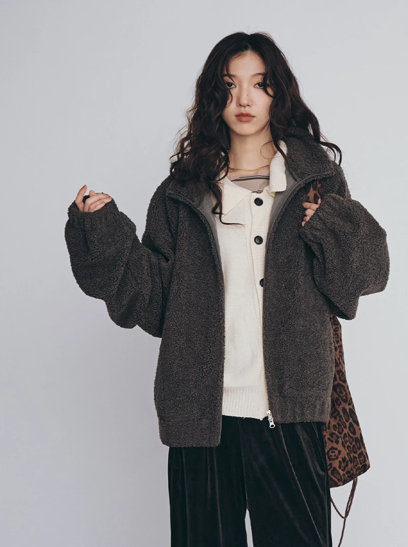 慵懶毛絨雙拉鍊外套