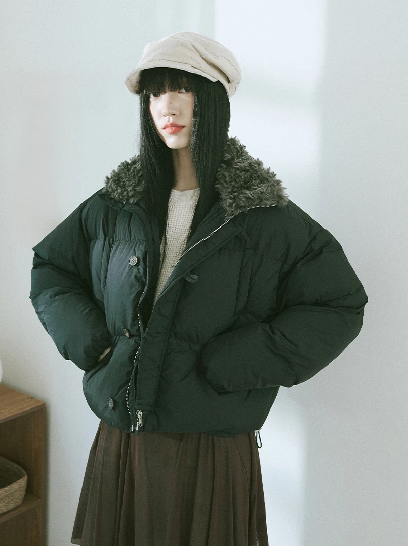 毛領鋪棉短版外套