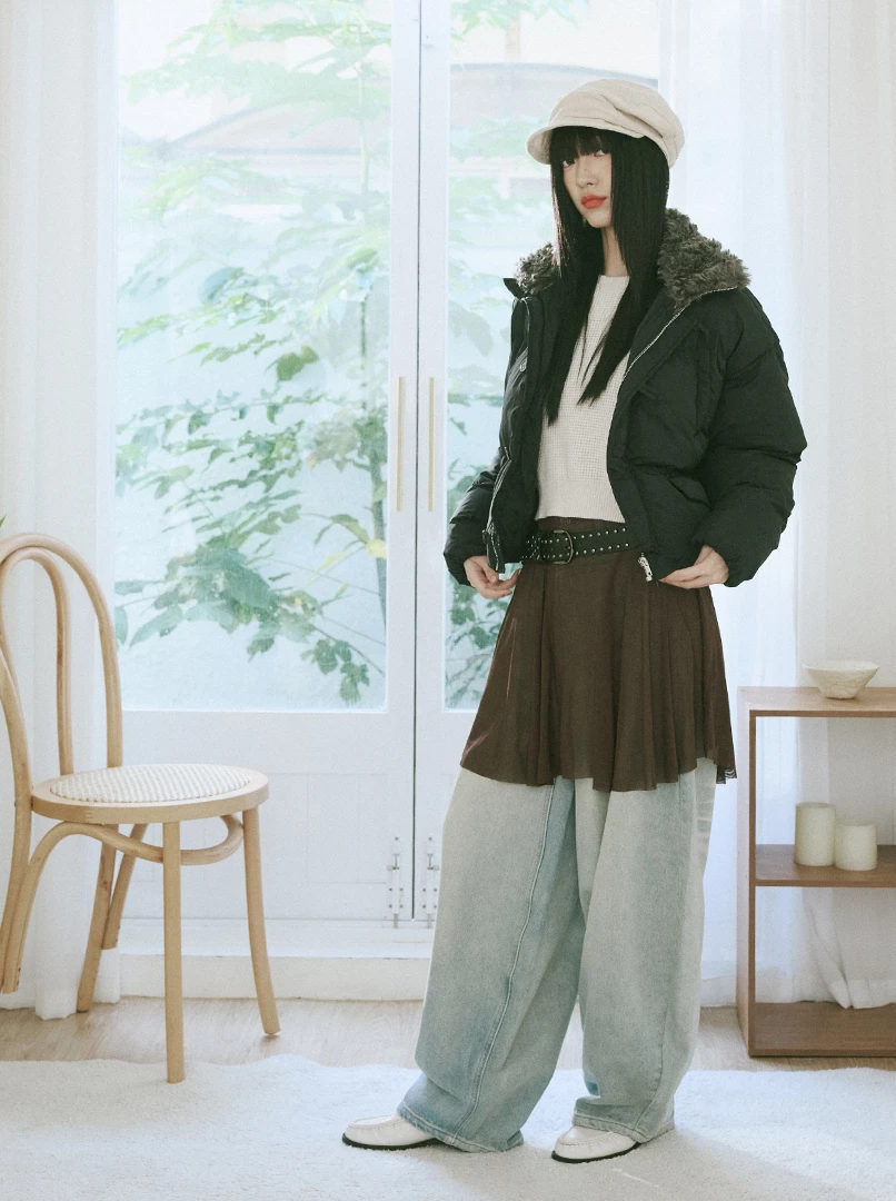 毛領鋪棉短版外套