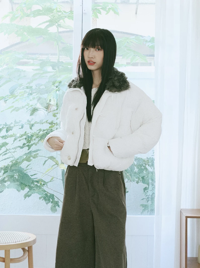 毛領鋪棉短版外套