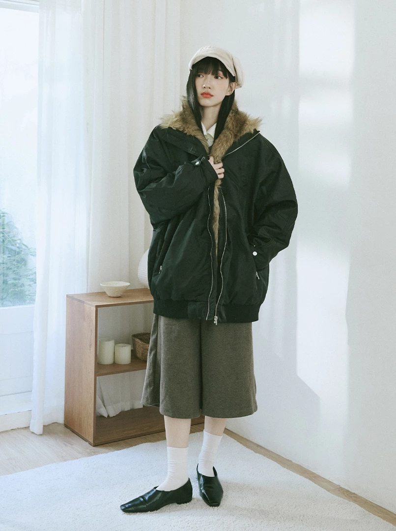 寬版飛行拚毛長版夾克