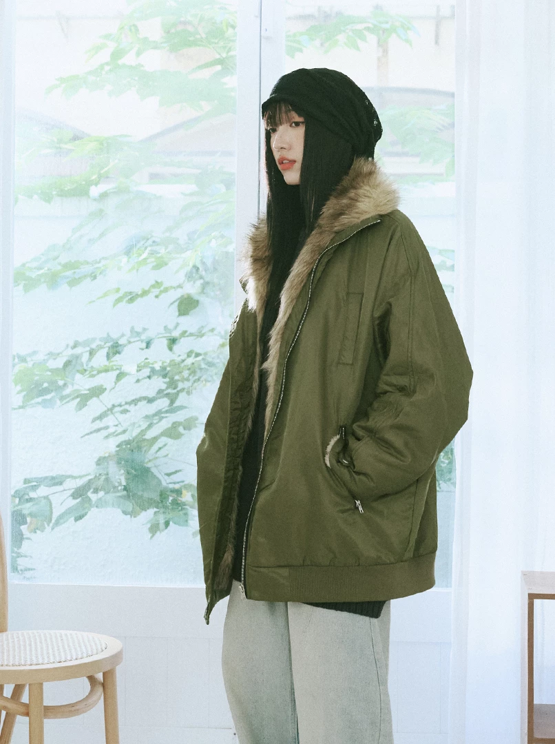 寬版飛行拚毛長版夾克