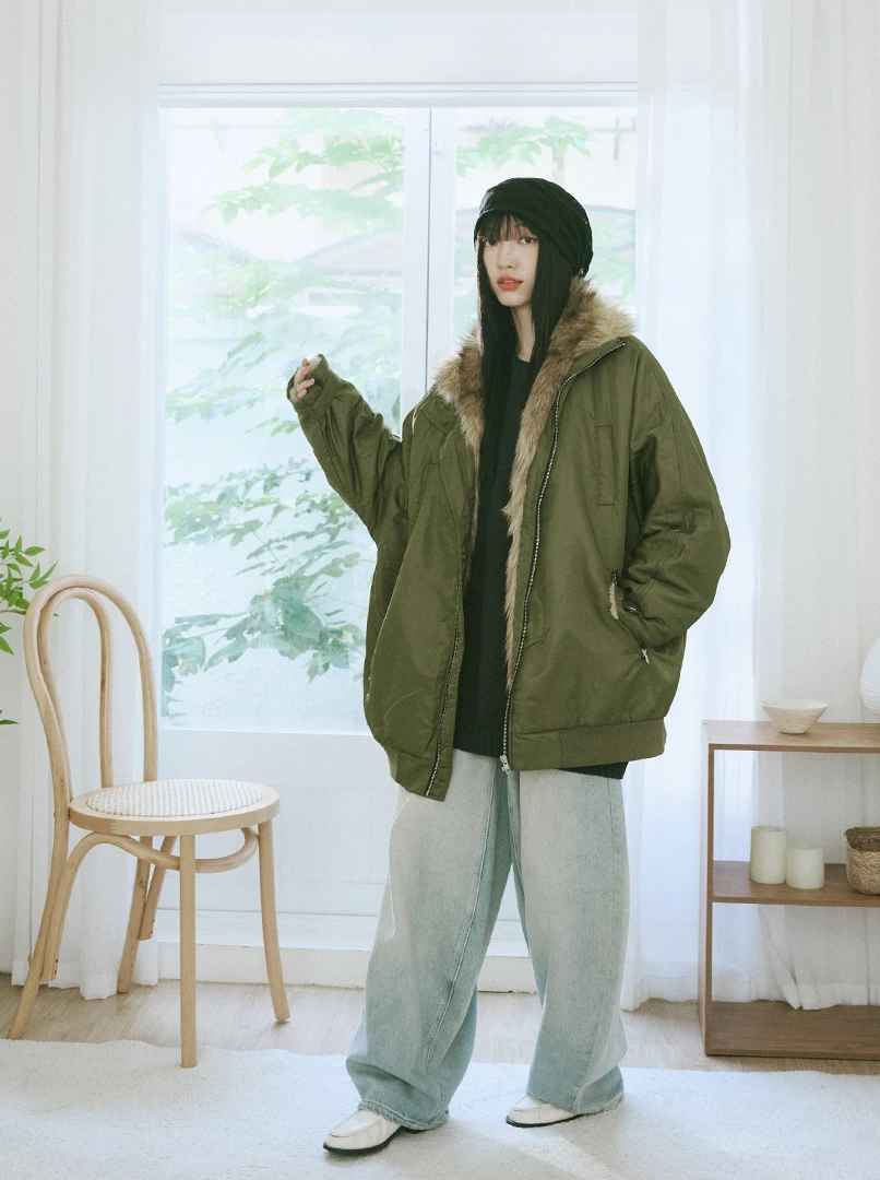 寬版飛行拚毛長版夾克