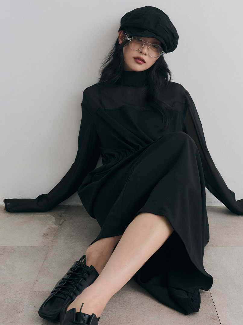 拼接雪紡透膚洋裝