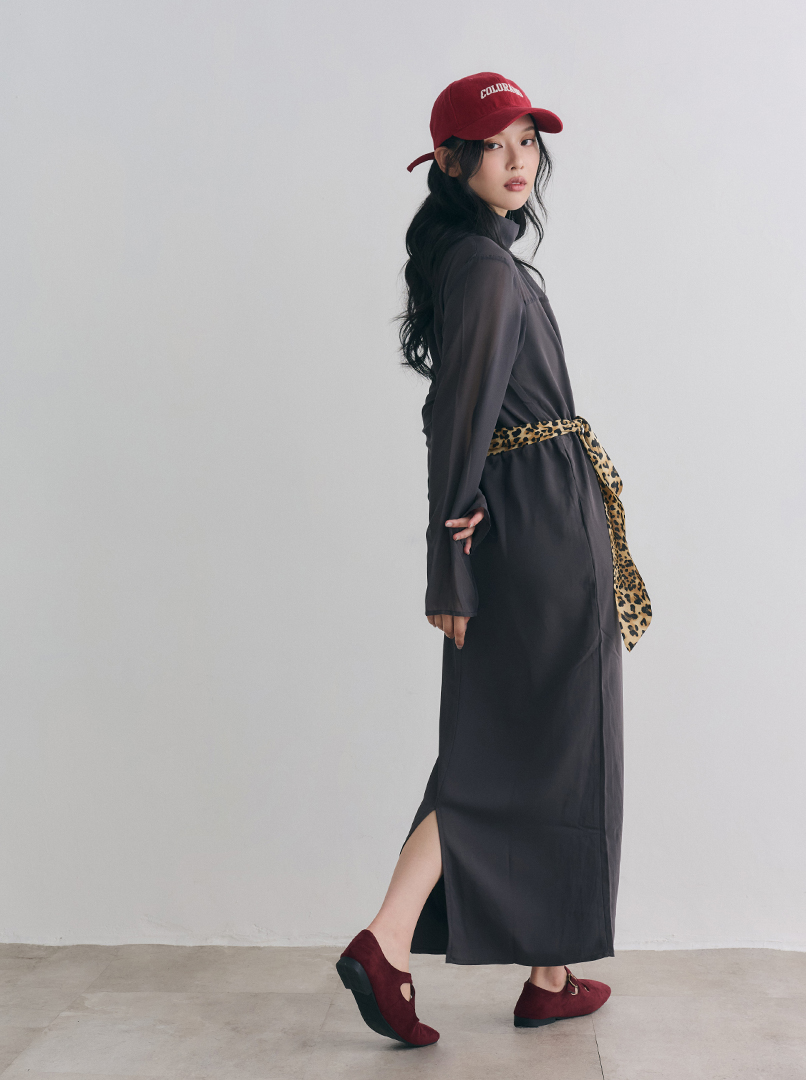 拼接雪紡透膚洋裝