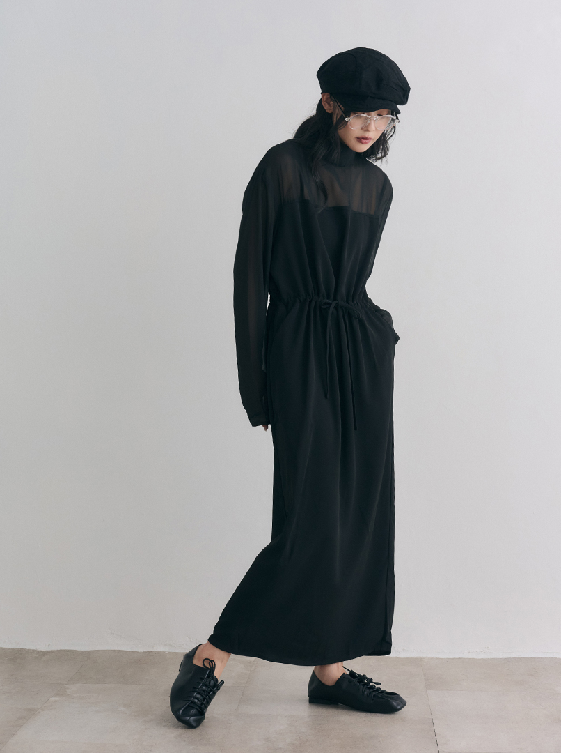 拼接雪紡透膚洋裝